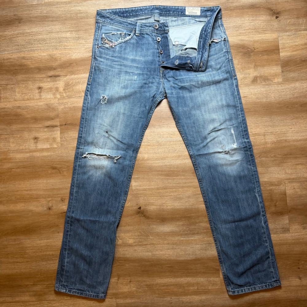 Diesel Darron Jeans Mens 34x32 Blue Slim Tapered Distressed Denim Pants 0RBS4